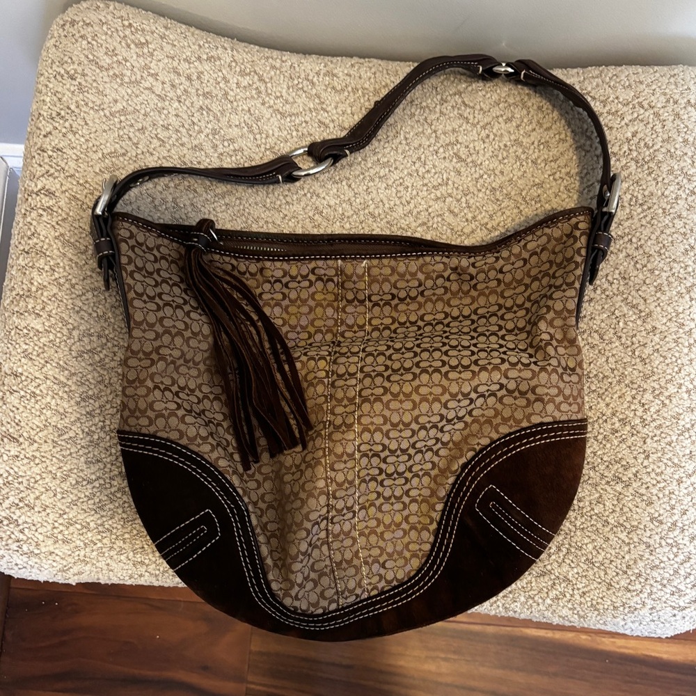Coach Brown Signature Canvas Shoulder Bag with Tassel